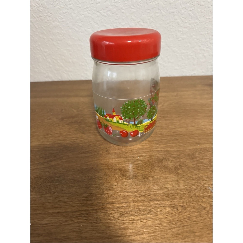 Vintage Glass Jar With Lid Made In France Strawberry Cherry Scene 1 Liter